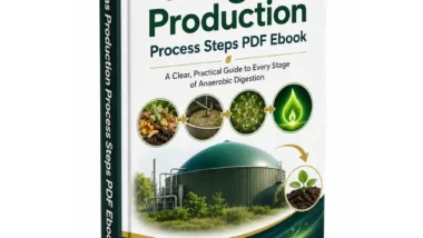 Biogas production process steps ebook 3D cover image.