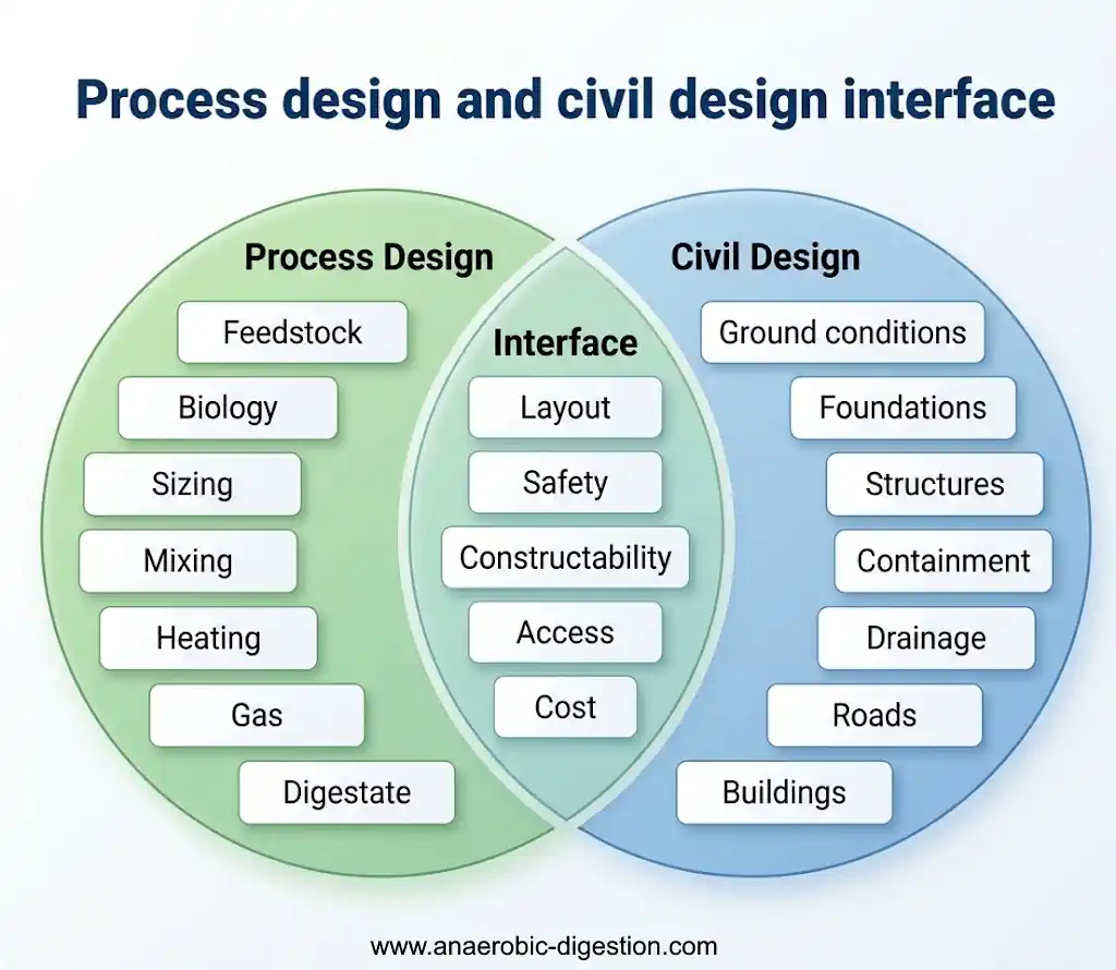 Diagram showing the relationship between anaerobic digestion process design and civil engineering design.