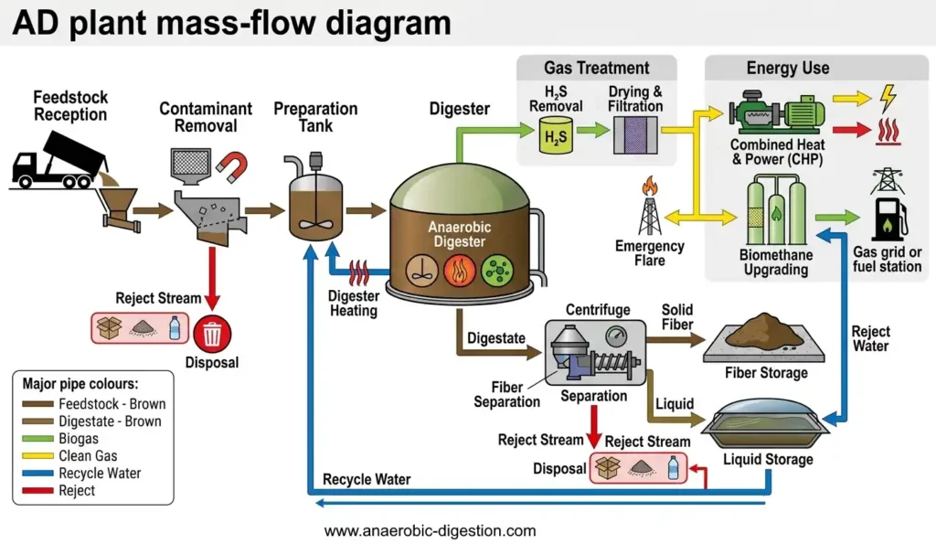 Anaerobic digestion plant process-flow diagram showing feedstock, biogas, digestate and recycle streams.