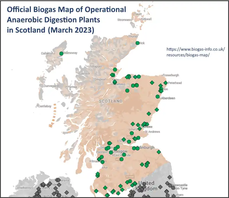 Map of Anaerobic Digestion Plants in Scotland 2023.