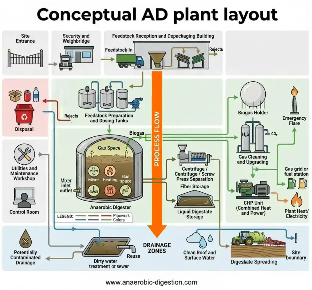 Conceptual anaerobic digestion plant layout showing the main process and civil engineering areas.
