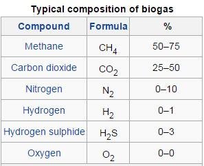 Typical Wikipedia biogas composition table