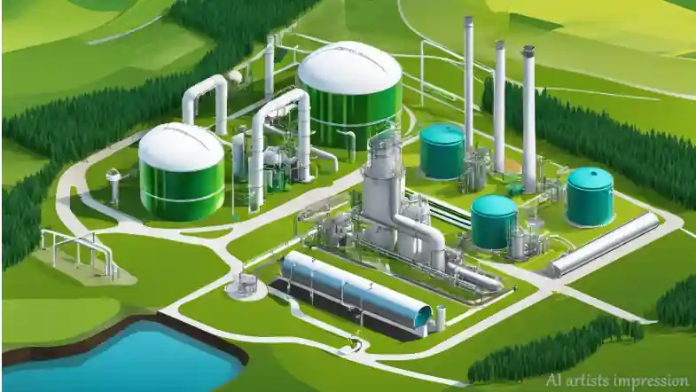The AI image depicts an imaginary Biomethane production facility surrounded by green landscape, showcasing the harmony between nature and technology.