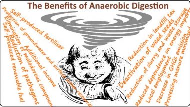 Image is a cartoon of a man looking drunk and head spinning thinking of the many benefits of anaerobic digestion.