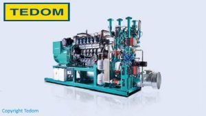 Image show a large Tedom electric generator suitable for being fuelled by biogas, from anaerobic digestion.