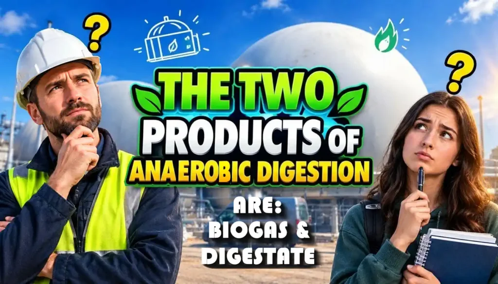 What are the 2 products of anaerobic digestion students ask - Answer is biogas and digestate - Image text.