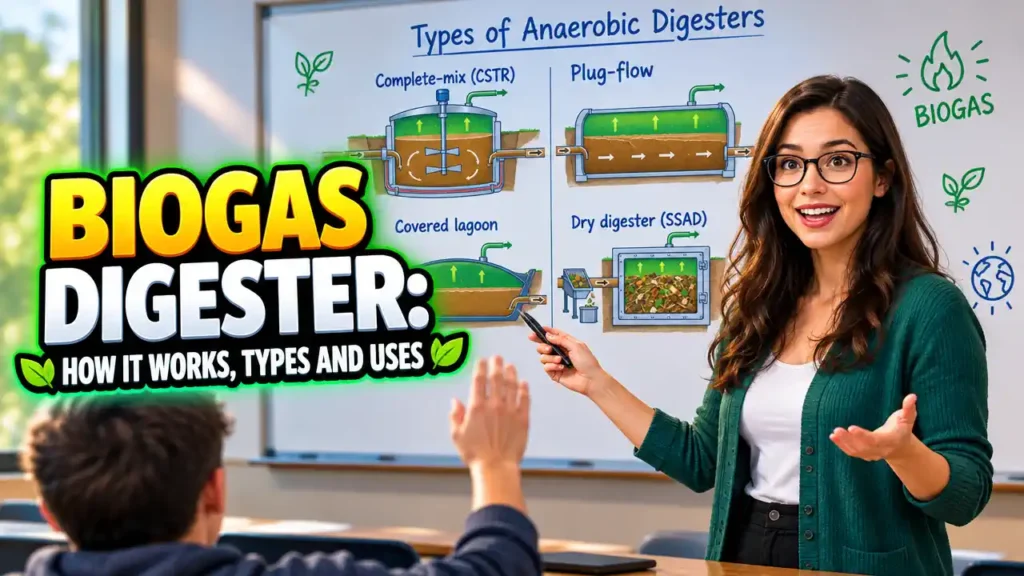 Featured image with the text: Biogas Digester How It Works Types and Uses.