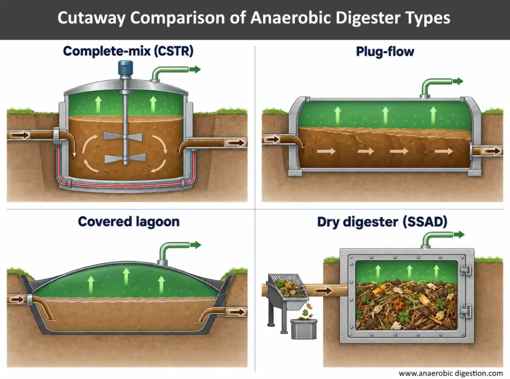Cutaway comparison of complete-mix, plug-flow, covered lagoon and dry anaerobic digesters.