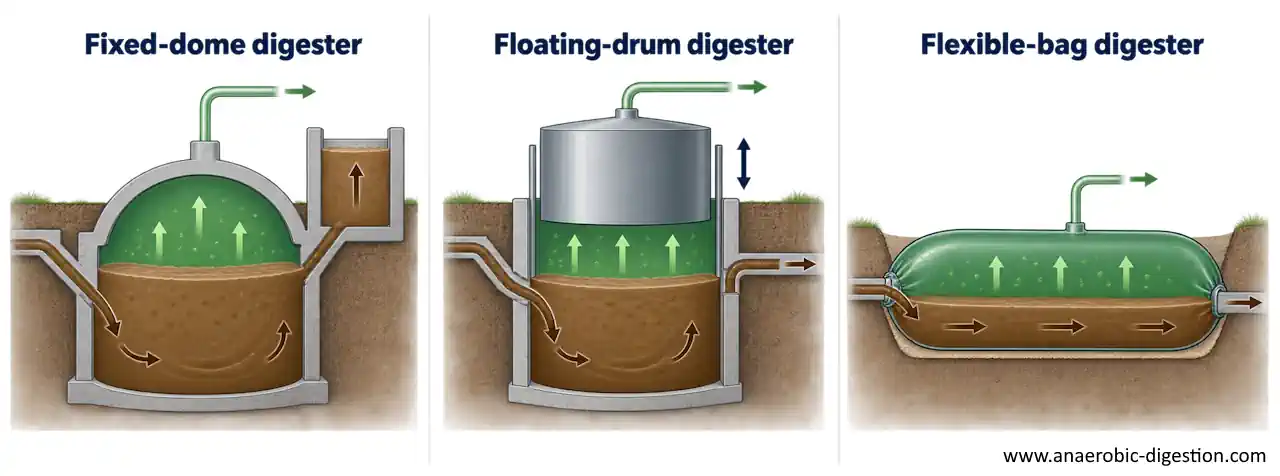Cutaway comparison of fixed-dome, floating-drum and flexible-bag biogas digesters. Diagram showing a cross-section of 3 biogas digester types: Fixed dome, floating-drum and flexible-bag digesters.