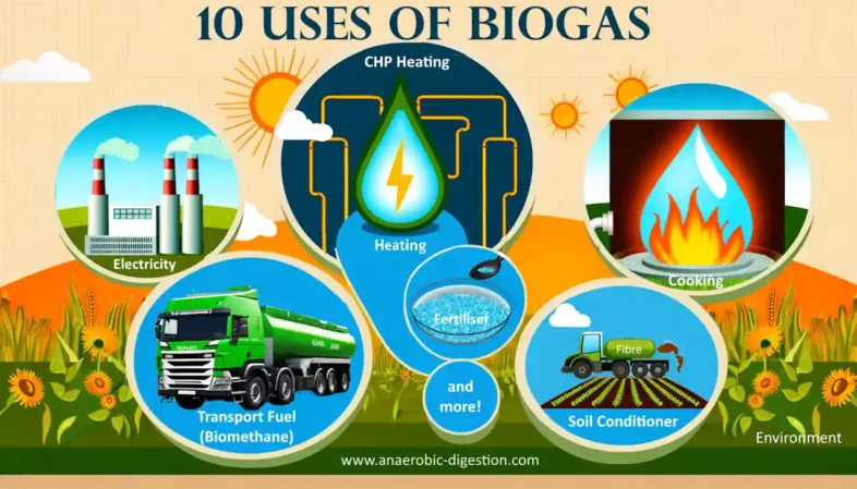 10 Uses of Biogas featured image showing a collage of the uses.