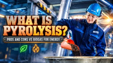 Featured image with the text: What is Pyrolysis - Pros and Cons vs Biogas for Energy.
