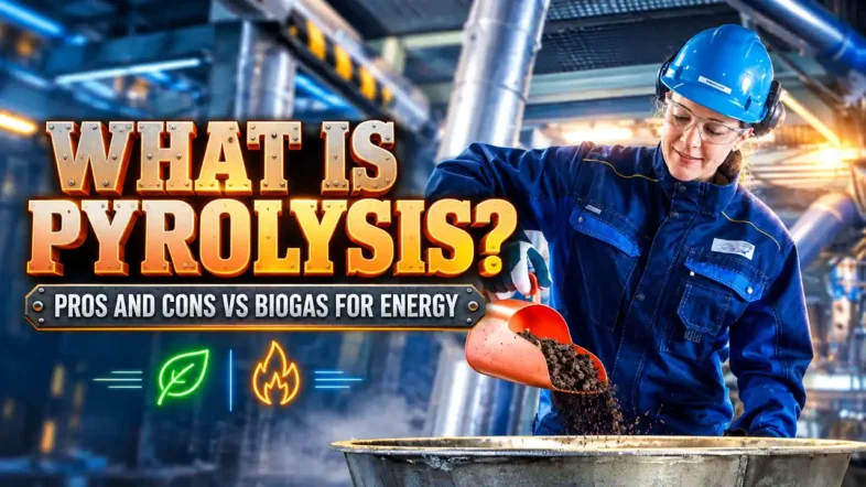 Featured image with the text: What is Pyrolysis - Pros and Cons vs Biogas for Energy.