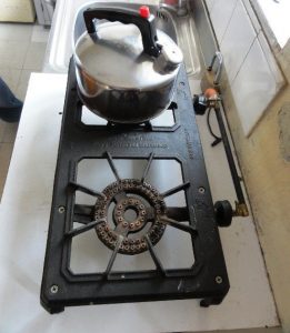 A biogas stove, modified from an LPG ring.
