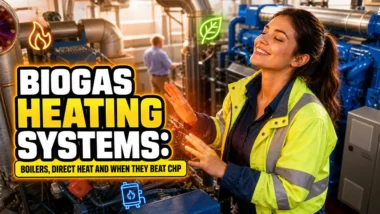 Image with text: Biogas Heating Systems Boilers Direct Heat and When They Beat CHP. Used as featured image.