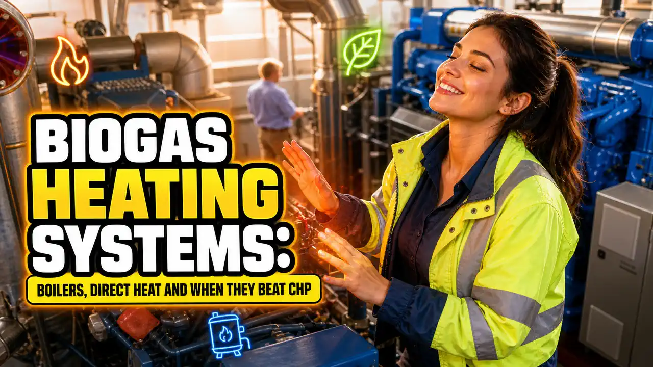 Image with text: Biogas Heating Systems Boilers Direct Heat and When They Beat CHP. Used as featured image.