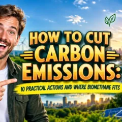 Featured image with the text: How to Cut Carbon Emissions 10 Practical Actions and Where Biomethane Fits.