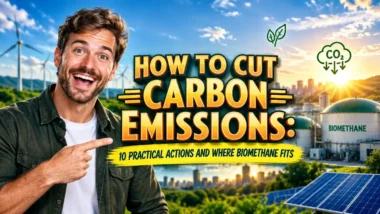 Featured image with the text: How to Cut Carbon Emissions 10 Practical Actions and Where Biomethane Fits.