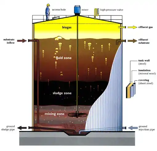 A cut-out view of a typical anaerobic sludge digester tank used in the The Sludge Digestion Process.