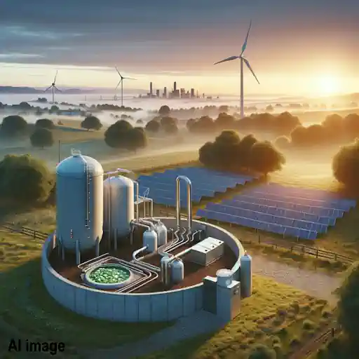 A dawn view of a small biogas plant with turbines and solar (AI generated).
