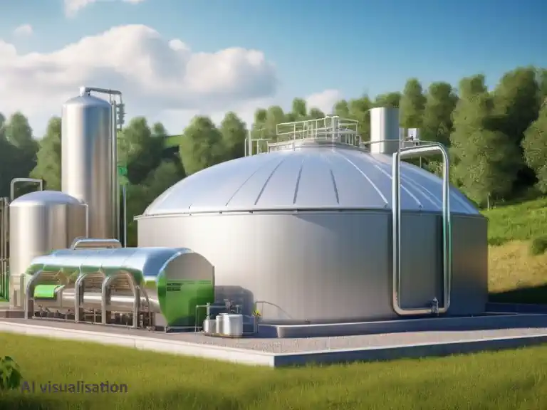 A biogas plant with purification equipment to produce upgraded methane (biomethane) interchangeable with natural gas supplies.