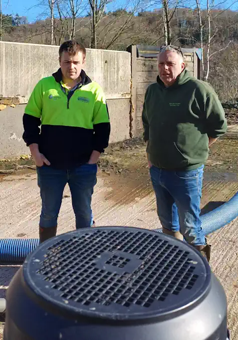 Harry Davies (left) at Hopes Ash Farm, together with Giles Russell from Midland Slurry Systems.