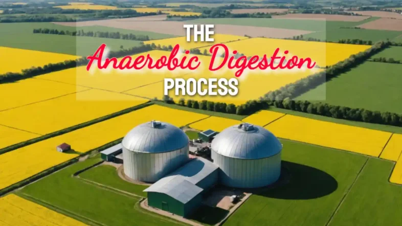 The image sows the anaerobic digestion process plant in yellow flowering rapeseed fields.