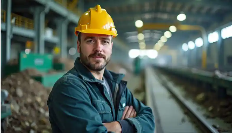 An industrial waste treatment worker oversees material sorting and mechanical separation in an industrial MBT waste plant.