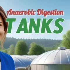 Anaerobic digestion tanks in the background with biogas plant worker in the foreground.