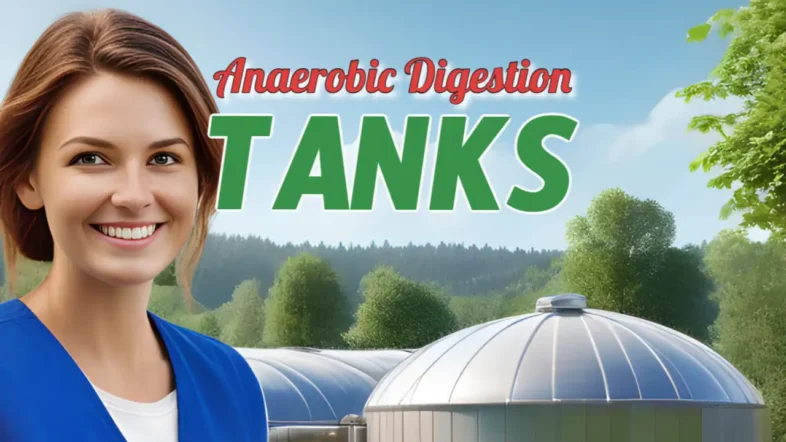 Anaerobic digestion tanks in the background with biogas plant worker in the foreground.