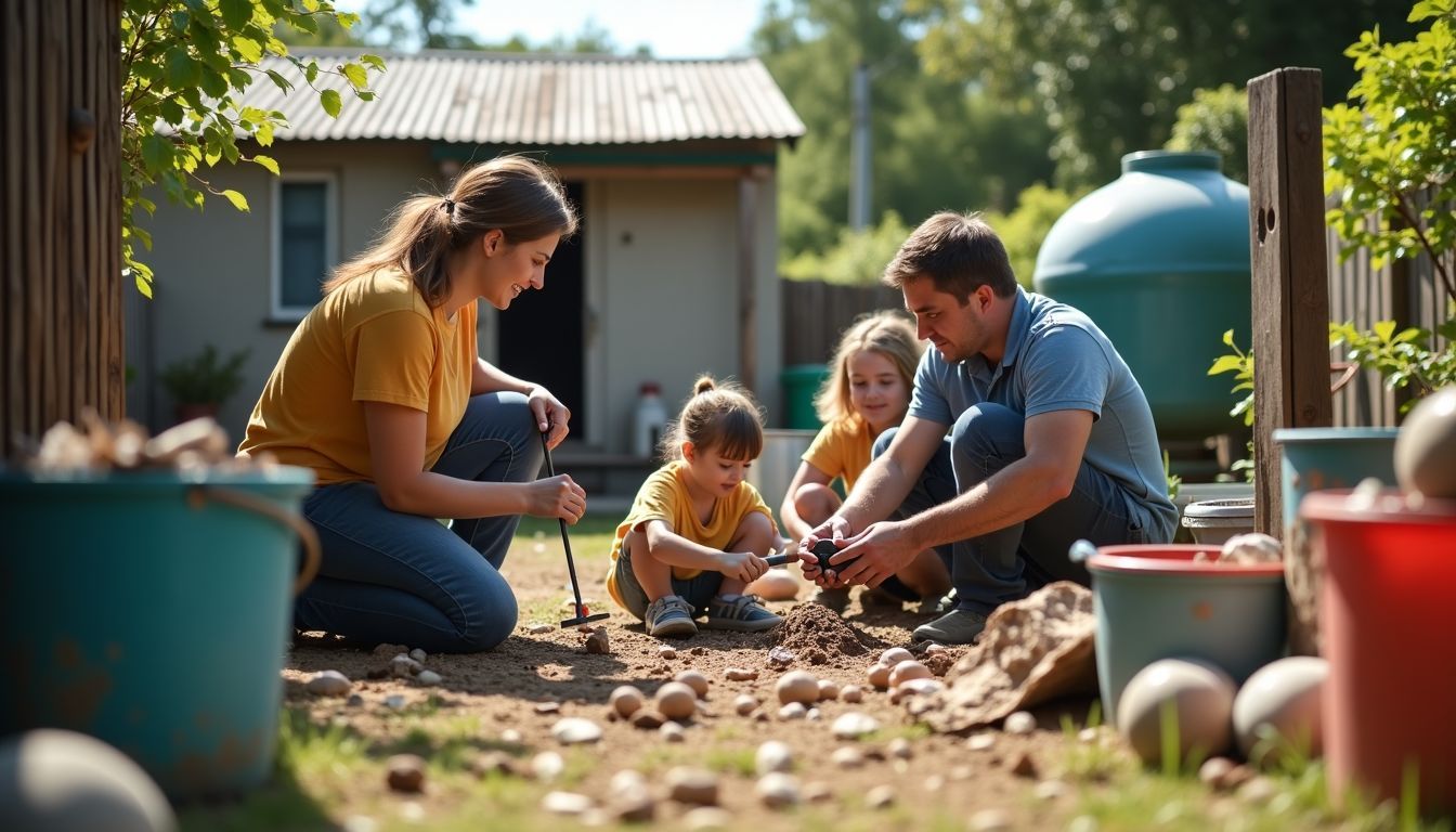 A family assembles a biogas plant in their backyard. A family assembles a biogas plant in their backyard.