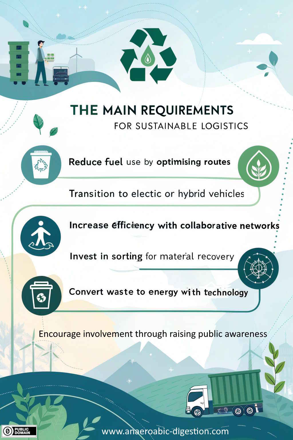 Infographic about the Main Requirements for Sustainable Logistics.
