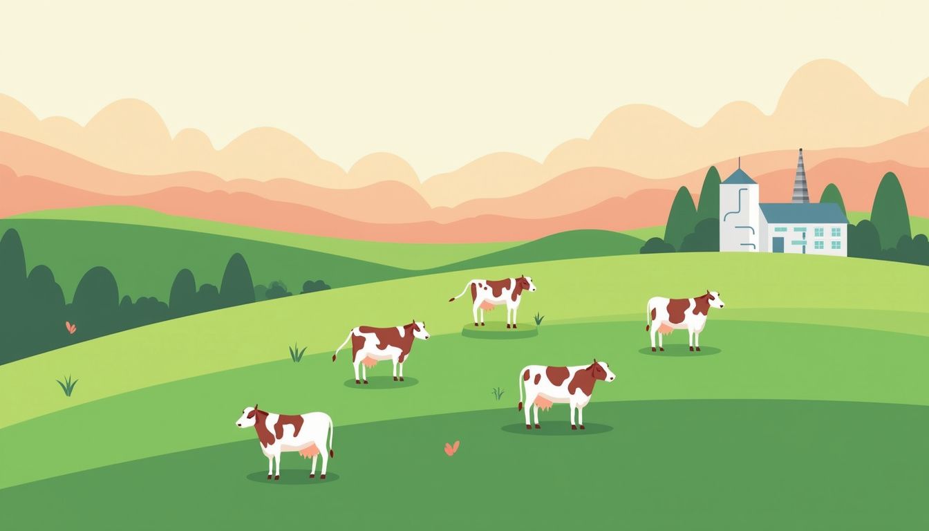 Minimalist vector illustration of a sustainable dairy farm at sunset. Minimalist vector illustration of a sustainable dairy farm at sunset.