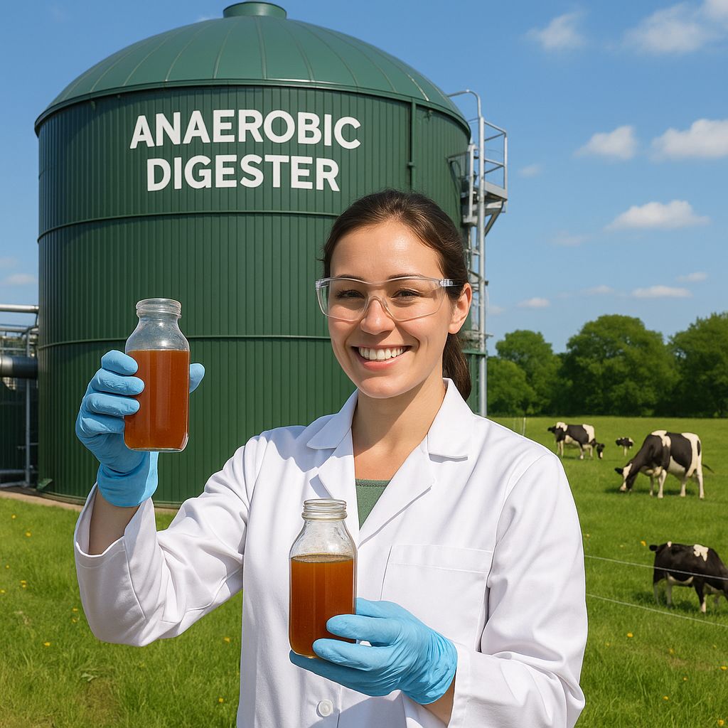 Lab technician shows an iron corrosion digester water sample.
