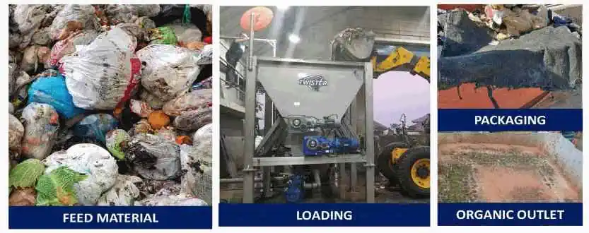 Twister food waste separation comparison before and after with organic output and the reject materials outputs shown.