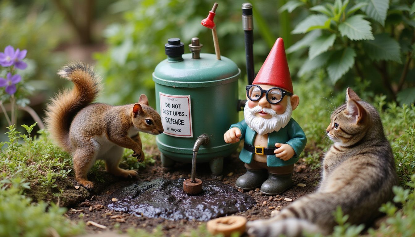 A squirrel inspects a biogas plant in a whimsical garden scene. A squirrel inspects a biogas plant in a whimsical garden scene.