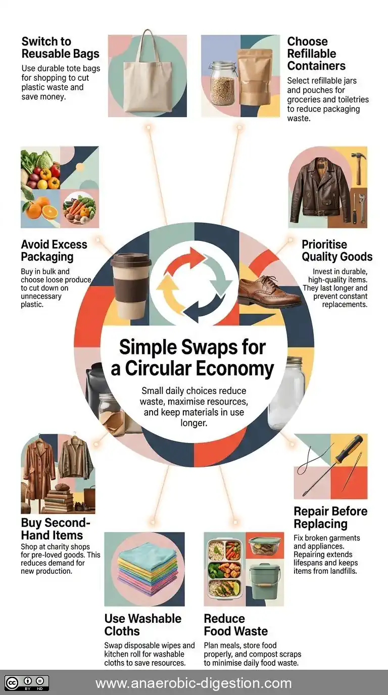 infographic showing the 10 Simple Swaps That-Support a More Circular Economy. infographic showing the 10 Simple Swaps That-Support a More Circular Economy.