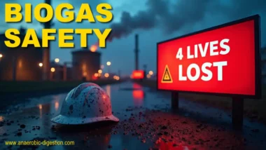 Biogas Safety image with sign 3 Lives Lost shows the aftermath of an accidental explosion.