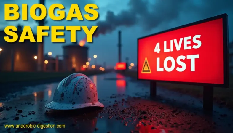 Biogas Safety image with sign 3 Lives Lost shows the aftermath of an accidental explosion.