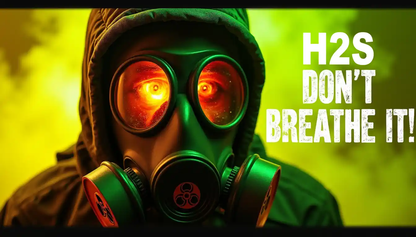Phto shows a guy in a gas mask-H2s don't breathe it headline.