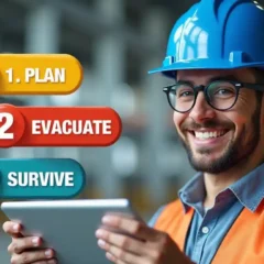 Featured image that introduces the concept of Workspace Safety Preparedness with text plan, evacuate, survive.