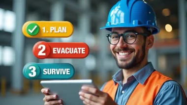 Featured image that introduces the concept of Workspace Safety Preparedness with text plan, evacuate, survive.
