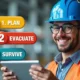 Featured image that introduces the concept of Workspace Safety Preparedness with text plan, evacuate, survive.