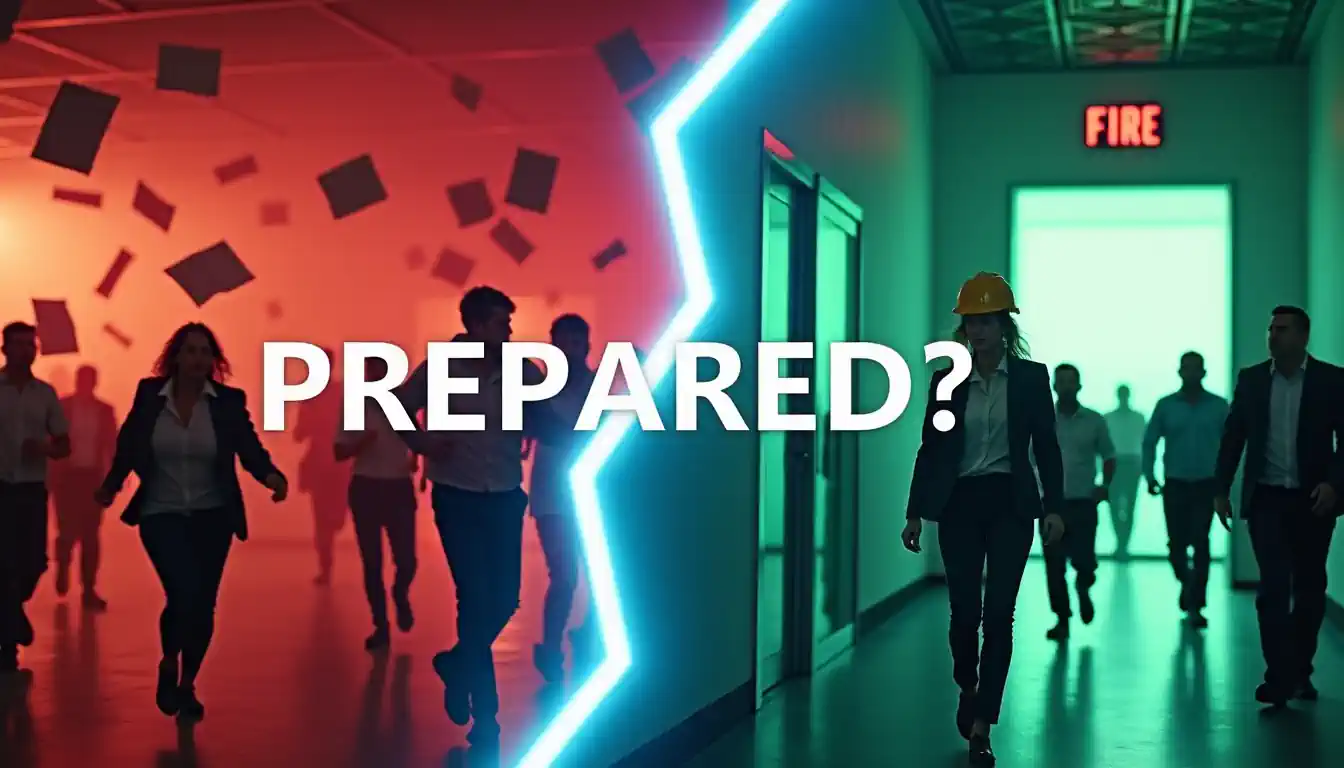 Split screen image shows how Workspace safety preparedness needs effective communication.