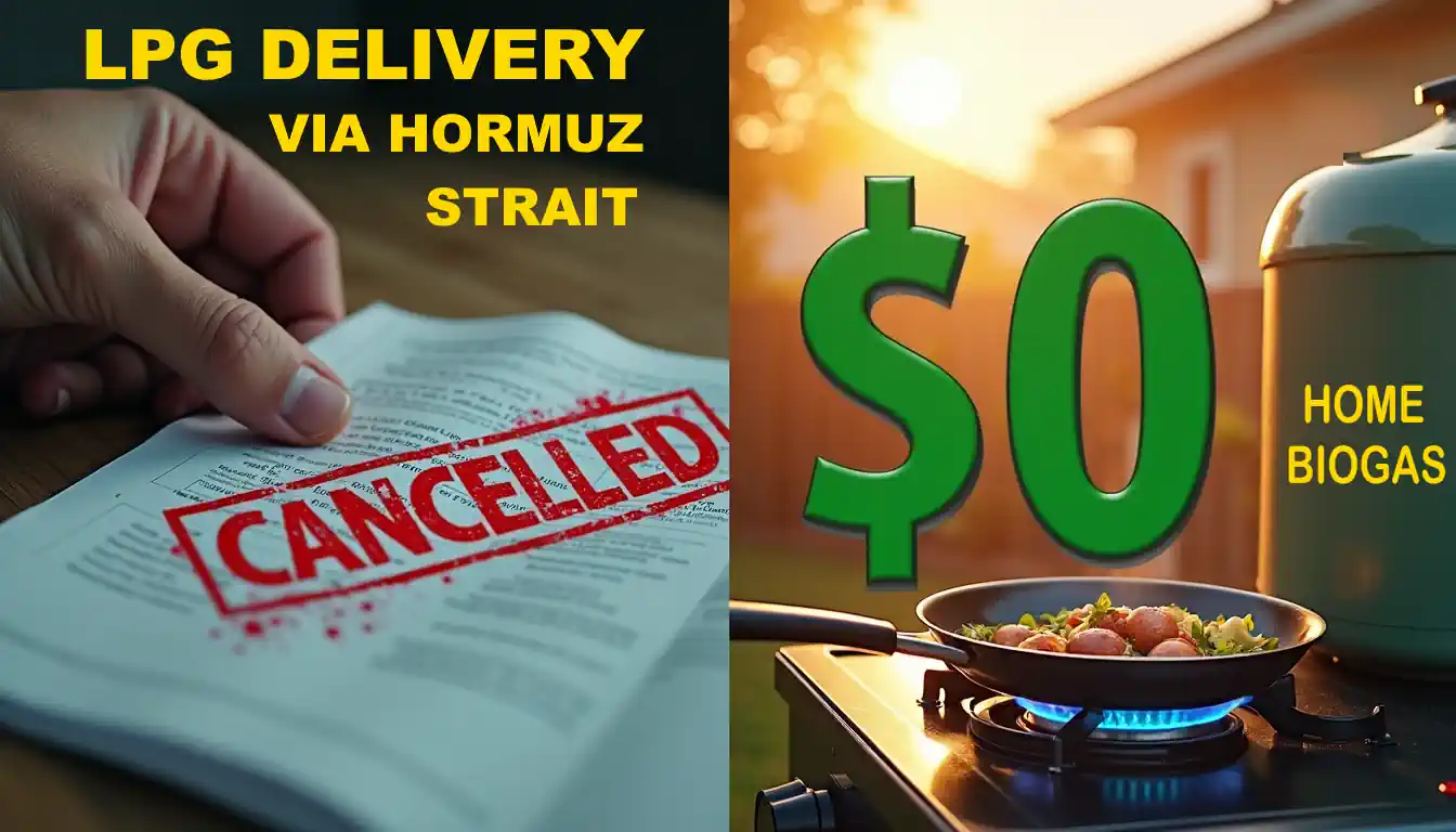 Image with the text - LPG delivery via Hormuz Strait Cancelled Home Biogas almost free.