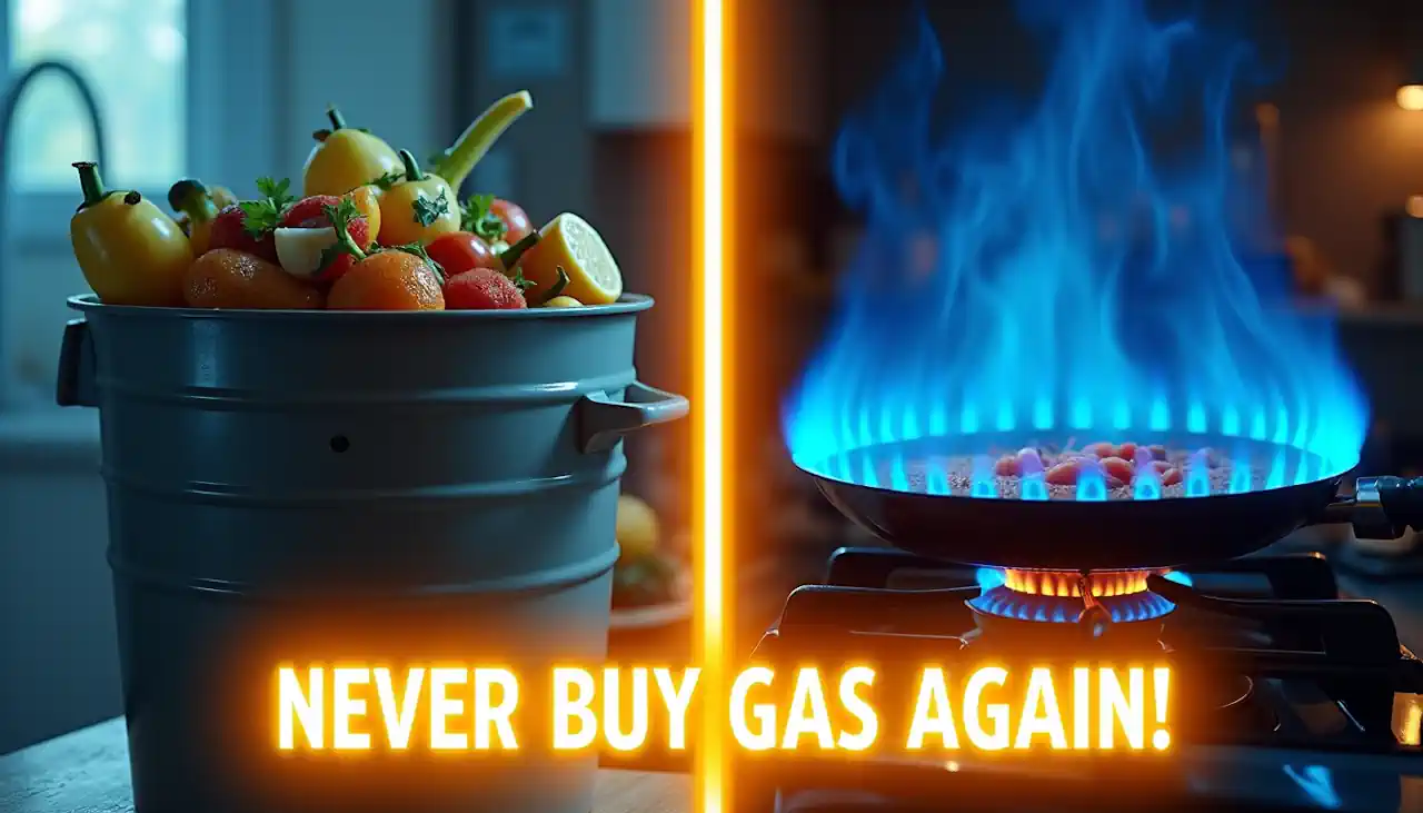 Never Buy Gas again poster showing a biogas stove.