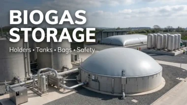 Biogas Storage Article Thumbnail image showing storage over tanks, steel tanks, and balloon style.