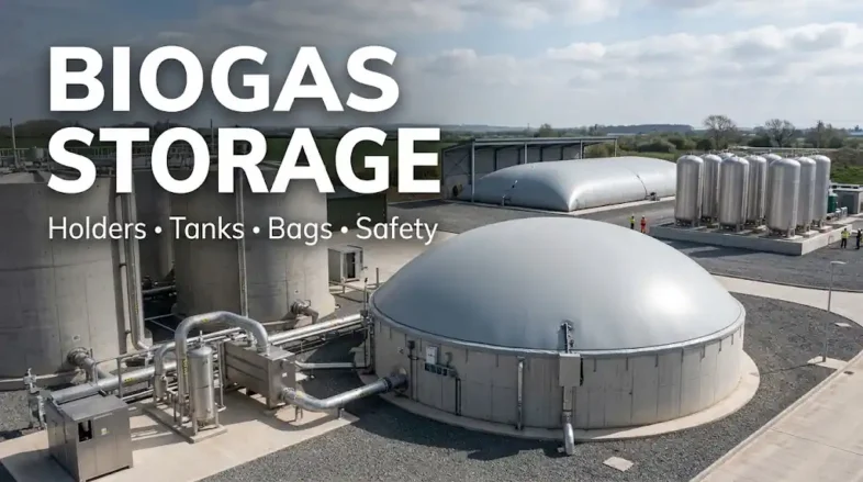 Biogas Storage Article Thumbnail image showing storage over tanks, steel tanks, and balloon style.