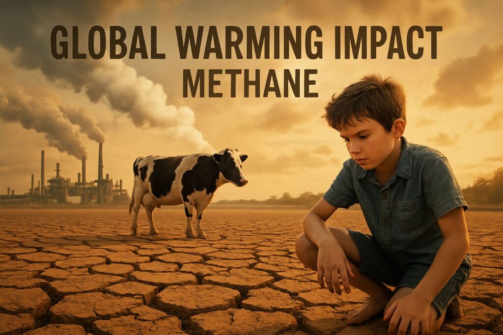 Global Warming farming danger image from Methane and rising temperatures - Shows a parched landscape a boy and a cow in the distance. 