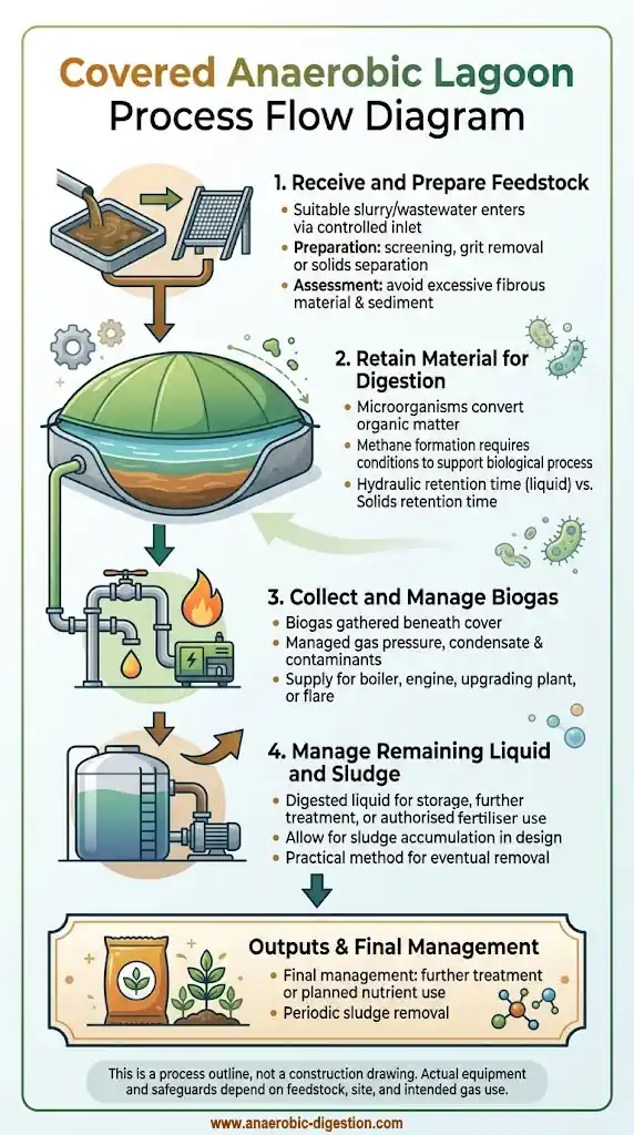 Covered anaerobic lagoon biogas plant for farms - Flow Diagram.